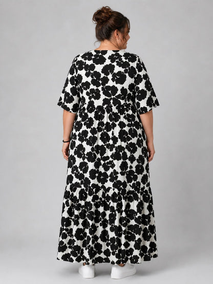 Vincenzo Allocca Maxikleid Viskose Halbarm – Schwarz/Weiß Blüten-Print Gr. 44–62