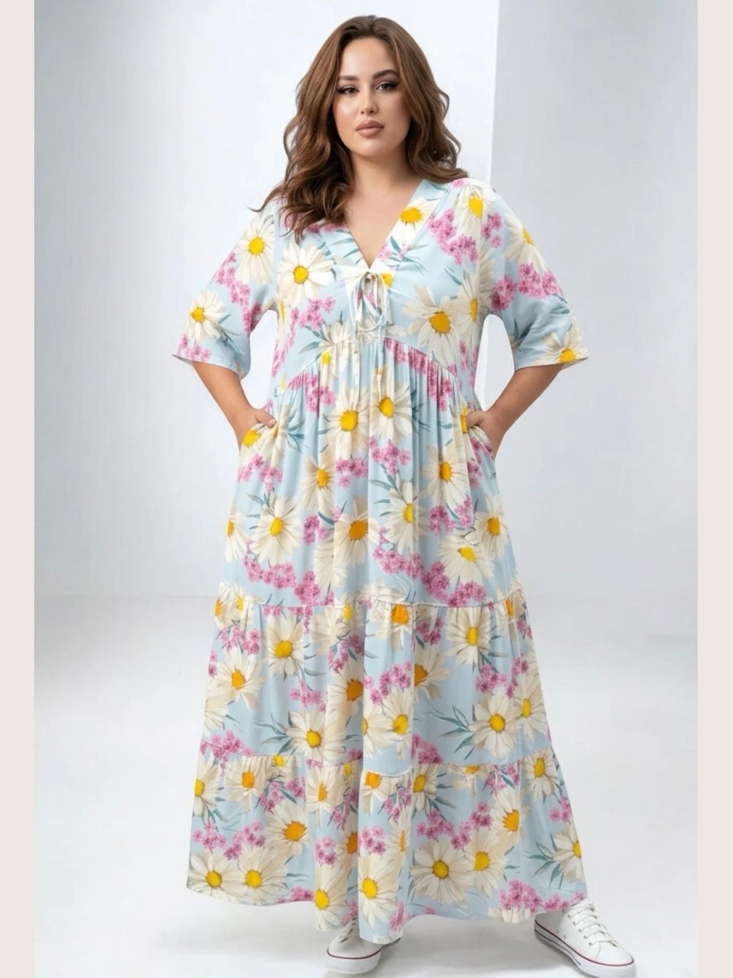 Vincenzo Allocca Maxikleid – romantischer Margeriten-Print in Hellblau und Pink