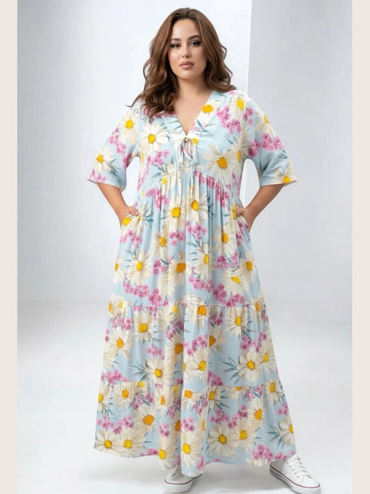 Vincenzo Allocca Maxikleid – romantischer Margeriten-Print in Hellblau und Pink