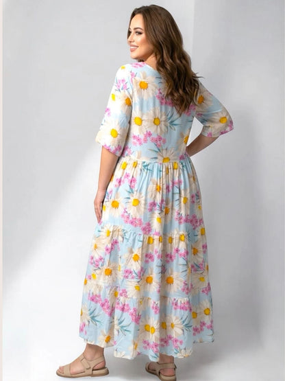 Vincenzo Allocca Maxikleid – romantischer Margeriten-Print in Hellblau und Pink