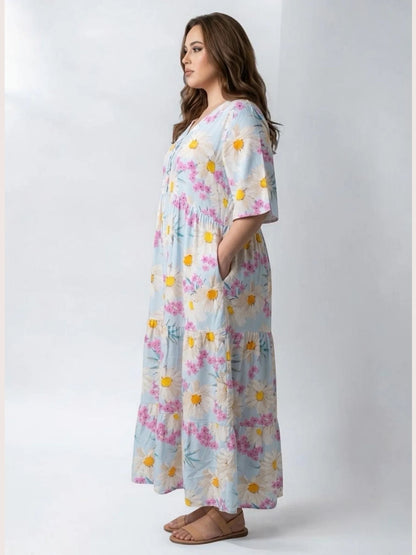 Vincenzo Allocca Maxikleid – romantischer Margeriten-Print in Hellblau und Pink