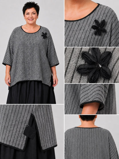 Vincenzo Allocca Kurzpulli Wollmix gestreift Oversize – Grau/Schwarz, Einheitsgröße 44–58