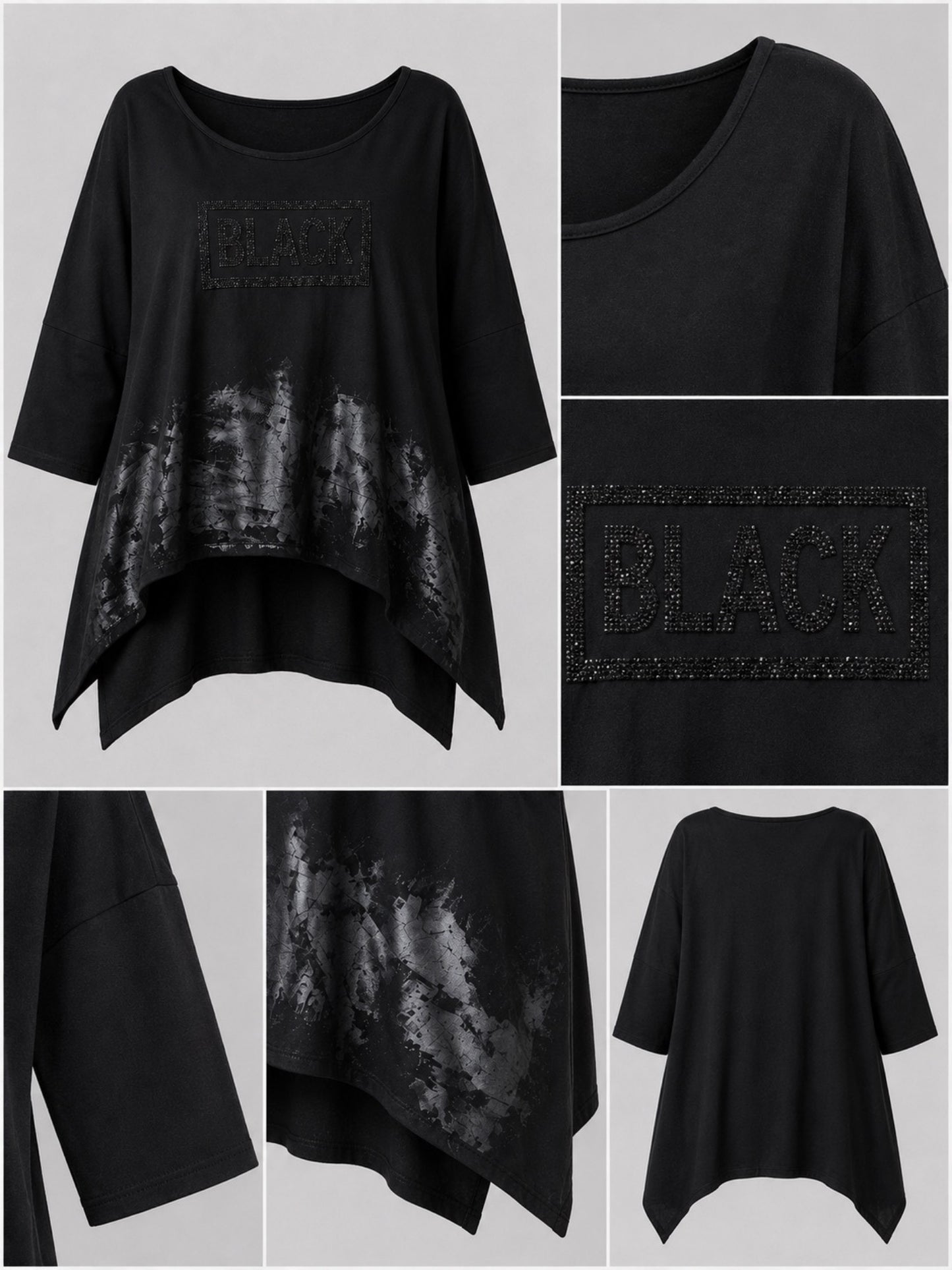 Vincenzo Allocca Shirt Baumwolljersey handbemalt mit Glitzerschriftzug Oversize – Schwarz, Einheitsgröße 44–58