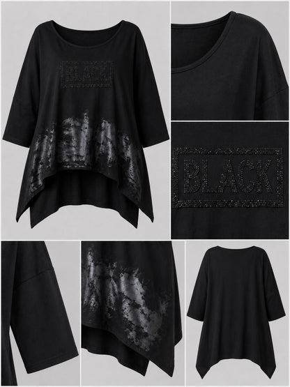 Vincenzo Allocca Shirt Baumwolljersey handbemalt mit Glitzerschriftzug Oversize – Schwarz, Einheitsgröße 44–58