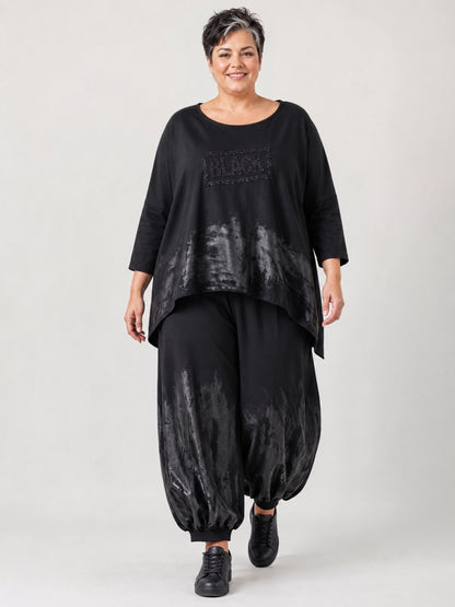 Vincenzo Allocca Shirt Baumwolljersey handbemalt mit Glitzerschriftzug Oversize – Schwarz, Einheitsgröße 44–58
