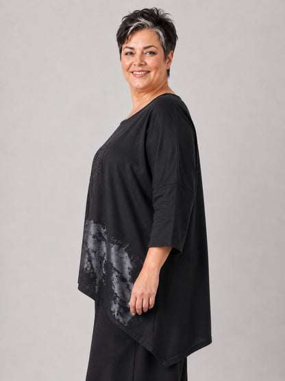 Vincenzo Allocca Shirt Baumwolljersey handbemalt mit Glitzerschriftzug Oversize – Schwarz, Einheitsgröße 44–58
