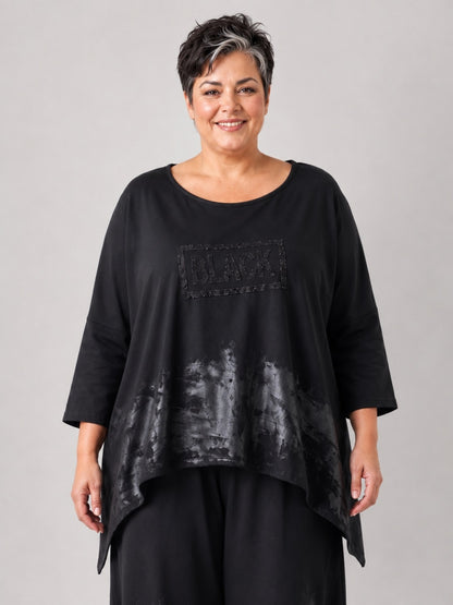 Vincenzo Allocca Shirt Baumwolljersey handbemalt mit Glitzerschriftzug Oversize – Schwarz, Einheitsgröße 44–58