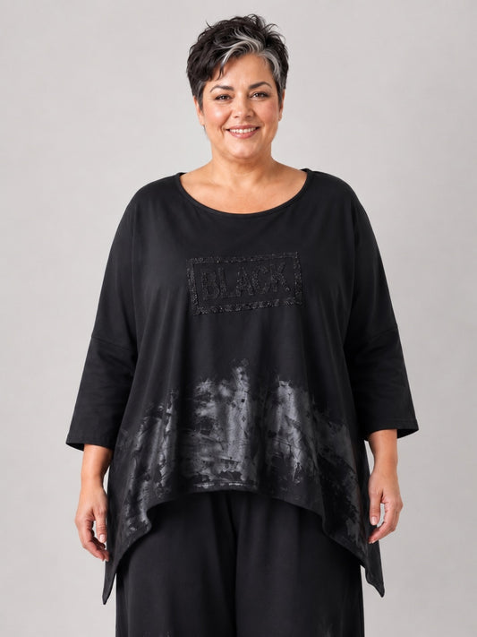 Vincenzo Allocca Shirt Baumwolljersey handbemalt mit Glitzerschriftzug Oversize – Schwarz, Einheitsgröße 44–58