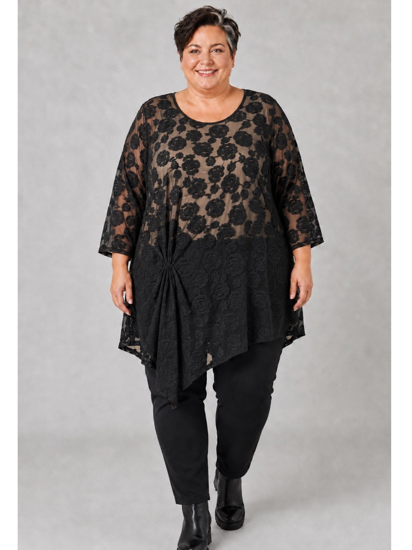 Vincenzo Allocca Tunika Ausbrenner mit Rosen Oversize – Schwarz, Einheitsgröße 44–58