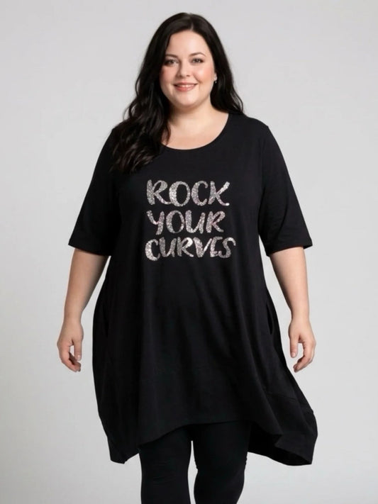 Vincenzo Allocca Tunika – Pailletten-Print „Rock Your Curves" – in Schwarz und Türkis erhältlich