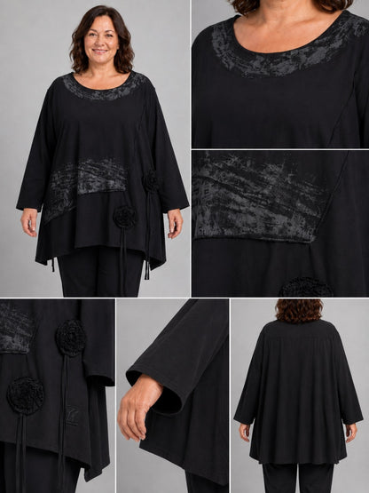 Vincenzo Allocca Tunika Baumwolle handbemalt mit Rosetten Oversize – Schwarz, Einheitsgröße 44–58