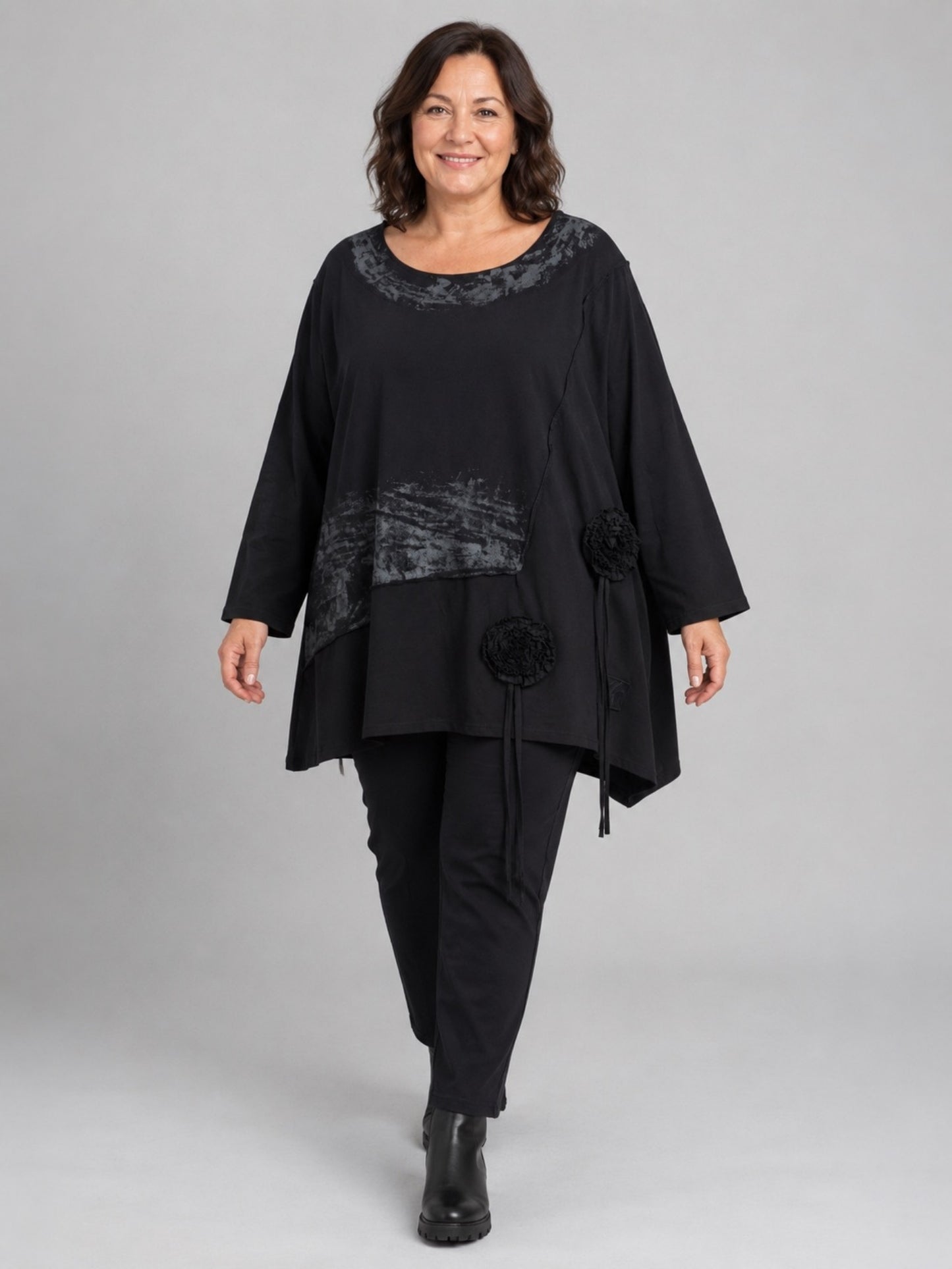 Vincenzo Allocca Tunika Baumwolle handbemalt mit Rosetten Oversize – Schwarz, Einheitsgröße 44–58