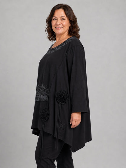 Vincenzo Allocca Tunika Baumwolle handbemalt mit Rosetten Oversize – Schwarz, Einheitsgröße 44–58