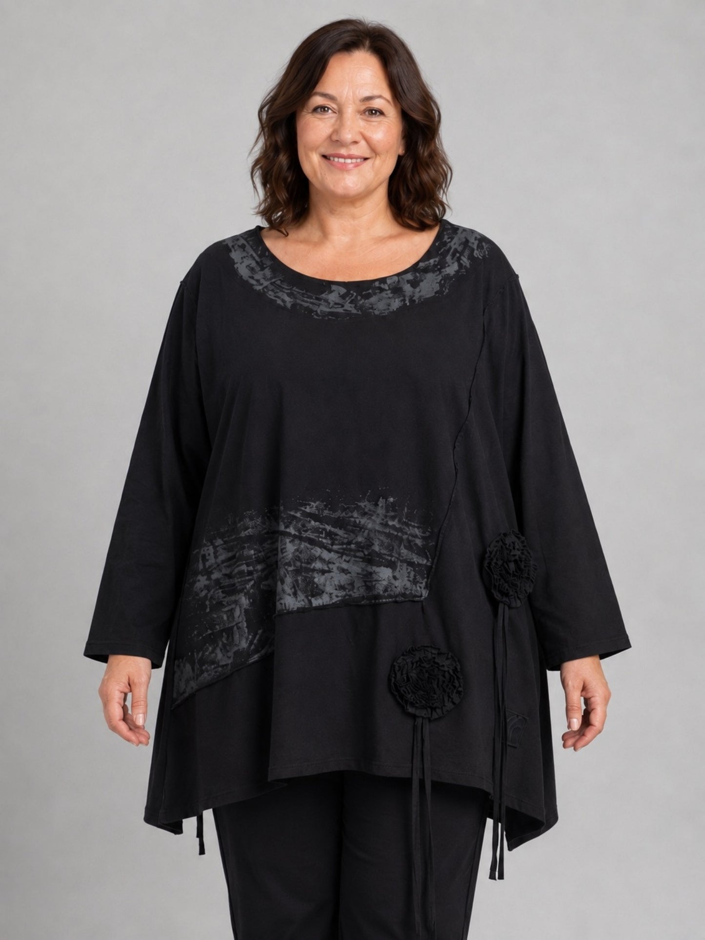 Vincenzo Allocca Tunika Baumwolle handbemalt mit Rosetten Oversize – Schwarz, Einheitsgröße 44–58