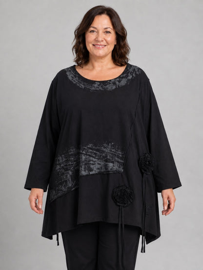 Vincenzo Allocca Tunika Baumwolle handbemalt mit Rosetten Oversize – Schwarz, Einheitsgröße 44–58