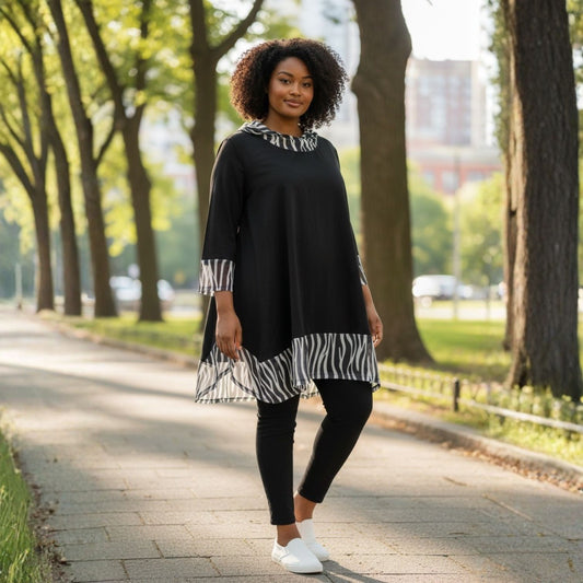 Vincenzo Allocca Tunika Schwarz mit Zebra-Chiffonkapuze