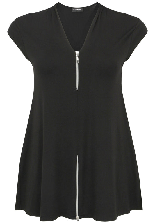 Doris Streich Long-Shirt mit Reißverschlüssen und kurzem Arm Schwarz 48 50 52 54 56