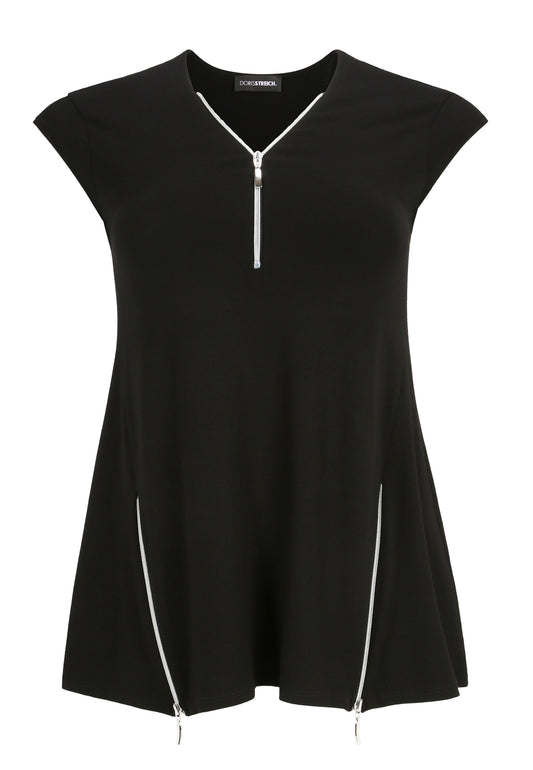 Doris Streich Long-Shirt mit Reißverschlüssen und kurzarm Schwarz 46 48 50 52 54 56